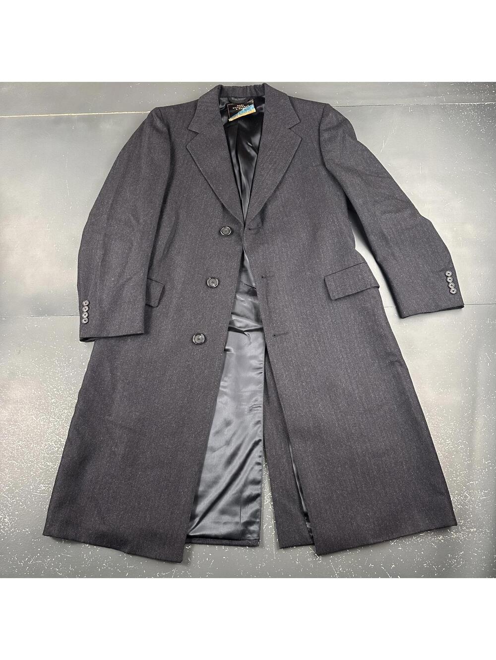 VTG Hart Schaffner Marx Wool Trench Coat Mens 42 Medium Navy Blue Hickory Stripe